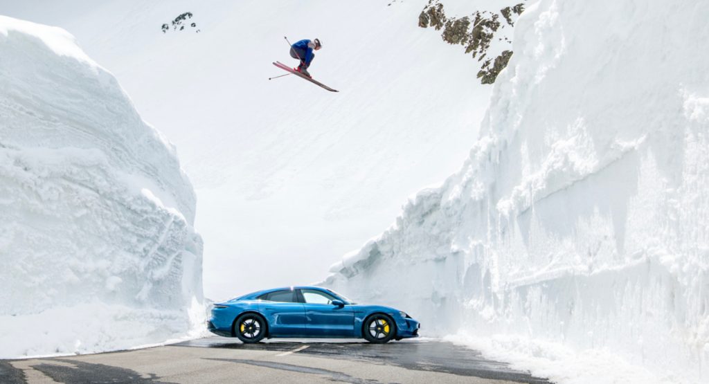  Porsche Recreates Iconic 60-Year-Old Picture Of Ski Jump With The Taycan