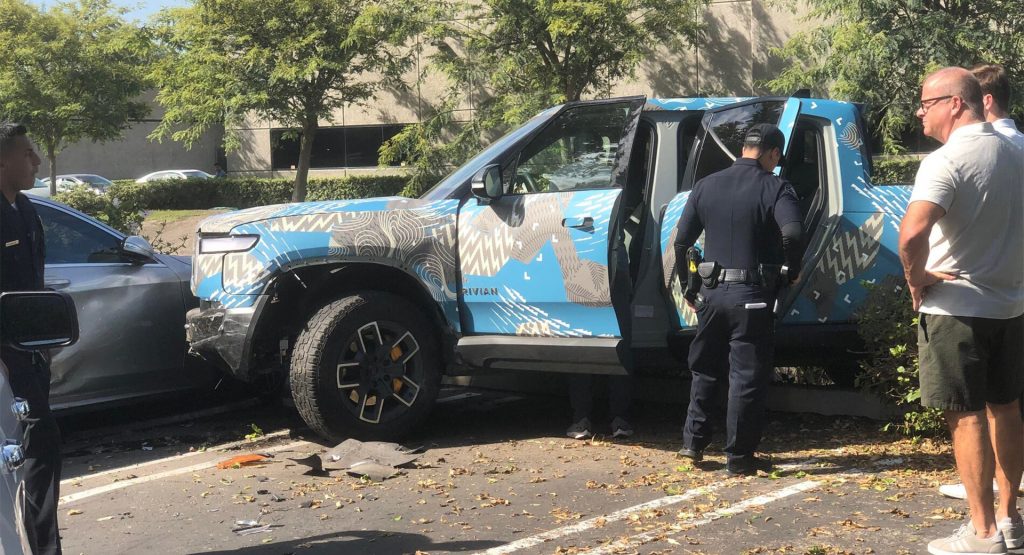 Rivian R1T Prototype Crashes Into Parked Ford Explorer And Mercedes S-Class