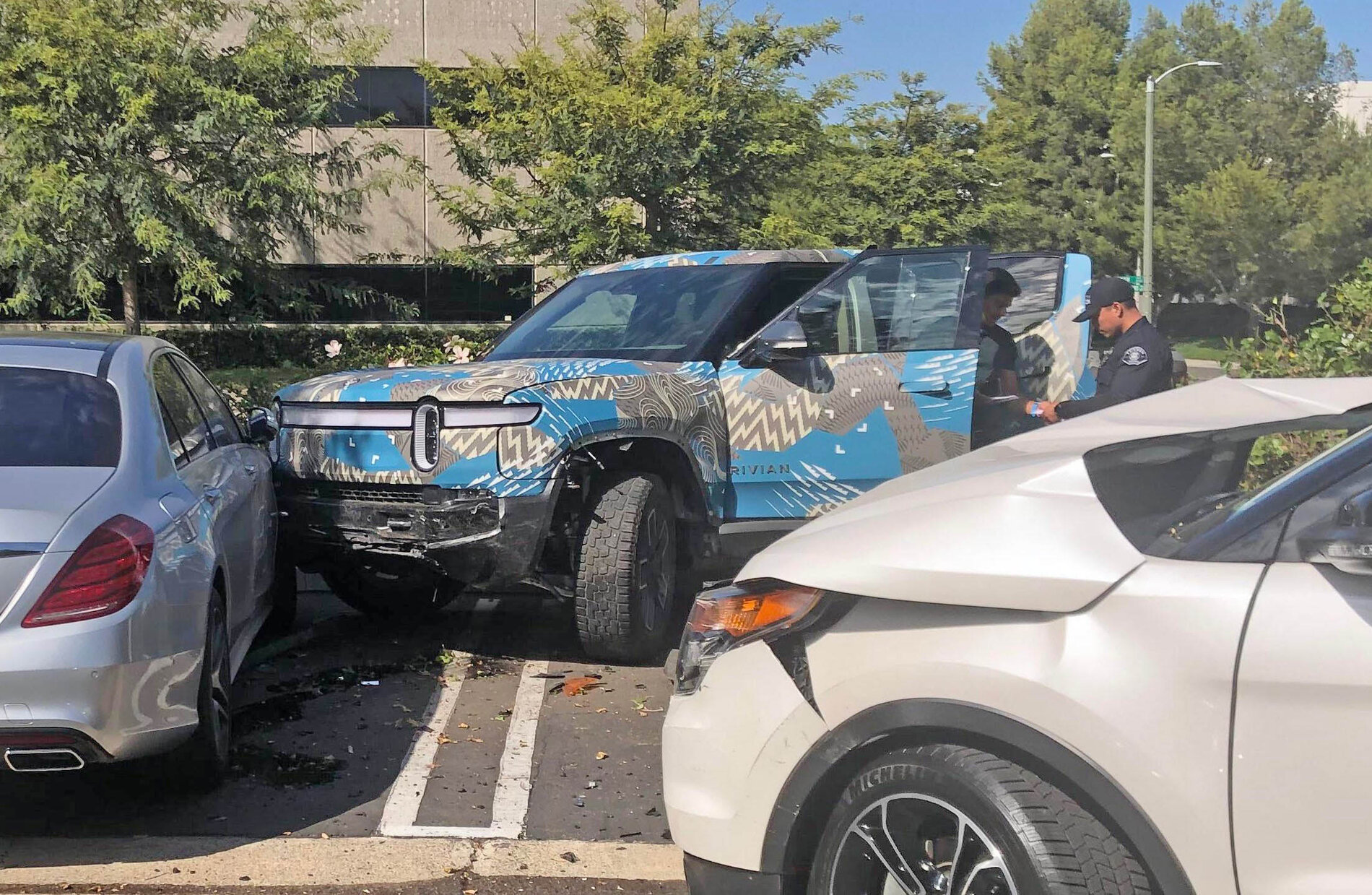 Rivian R1T Prototype Crashes Into Parked Ford Explorer And Mercedes S-Class