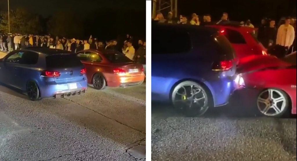 VW Golf R Driver Goes Street Racing, Launches In Reverse And Smashes Into The Car Behind