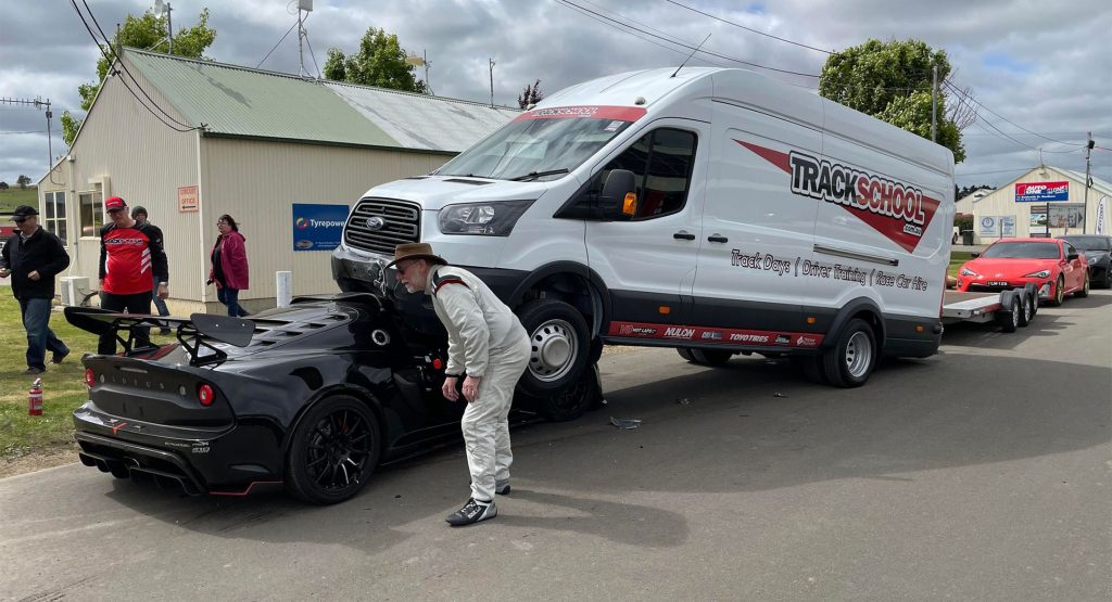  A New Lotus Exige Crashed Under A Track Driving School Van After Leaving The Pits