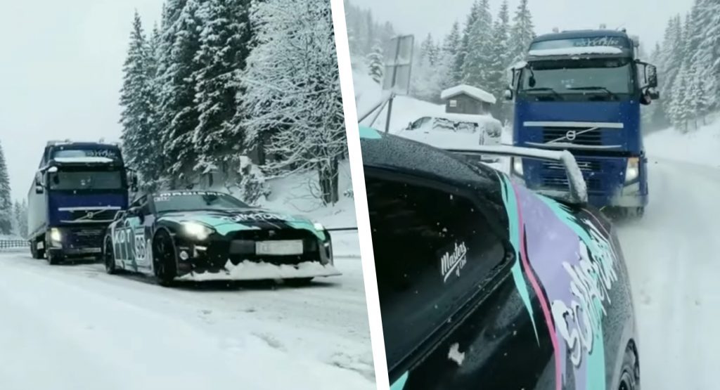 Watch A Tuned Nissan GT-R Tow A Volvo FH Truck In The Snow