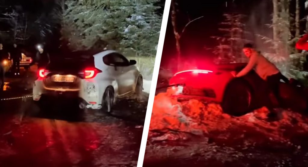  Watch A GR Yaris Trying To Recover A Porsche 911 From A Snowy Ditch