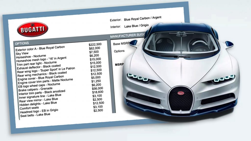  Here’s A Bugatti Chiron’s Window Sticker With A Ferrari’s Worth In Options, Including $222k For Exposed Carbon Body