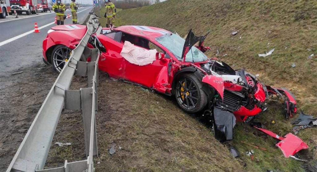  Ferrari 488 Pista Destroyed After Sliding Under Crash Barrier In Poland