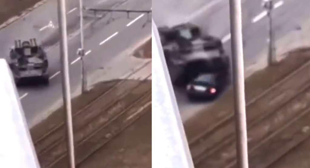  Tank Goes Out Of Its Way To Crush Civilian Car In Ukraine, Driver Miraculously Survives