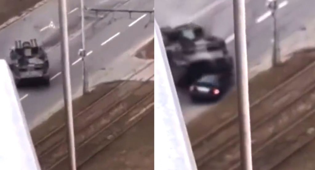Tank Goes Out Of Its Way To Crush Civilian Car In Ukraine, Driver Miraculously Survives
