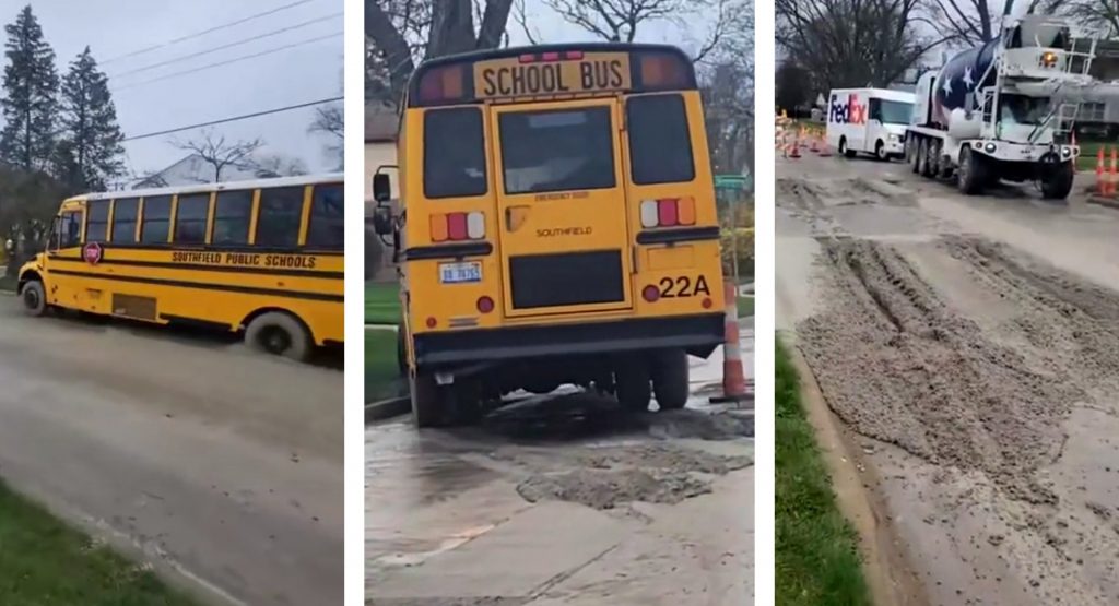  School Bus Driver Ignores Construction Site And Drives Through Wet Concrete