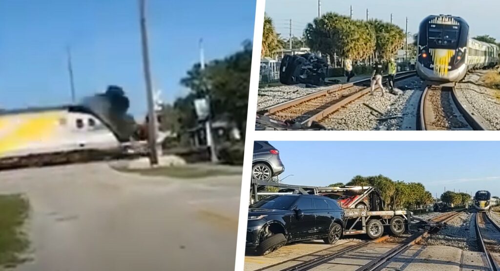  Brightline Train Splits Truck Carrying Luxury Cars In Half, Throws Audi Into The Air