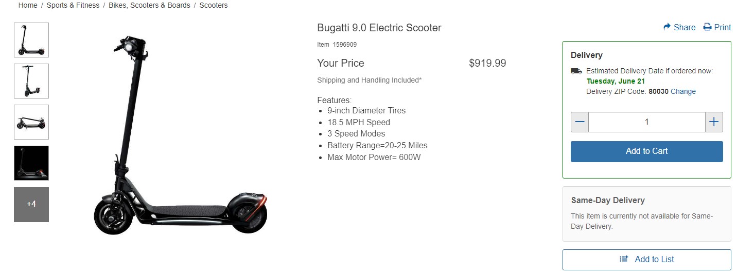 This Bugatti Has Two Wheels, Run Flat Tires, And Can Be Bought At Costco For $919.99