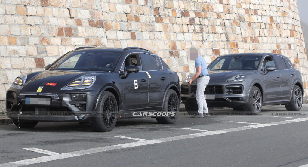 2023 Porsche Macan EV Spotted Testing In The Alps Alongside Cayenne