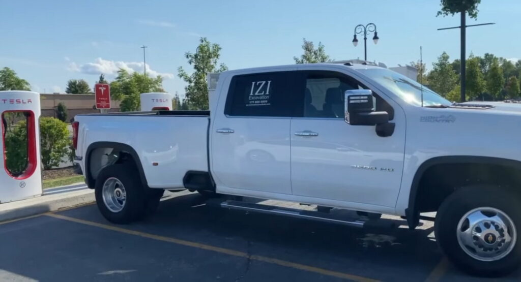  Tesla Supercharger ICE’d By Chevy Silverado Left Idling One Day, A Lamborghini The Next