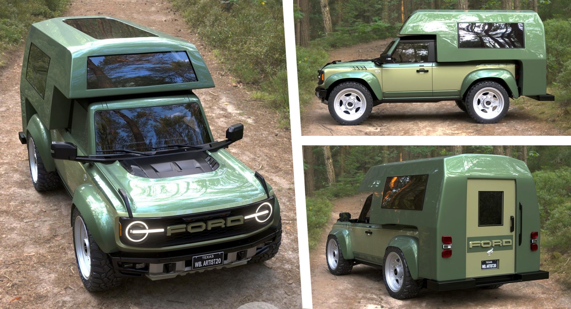 Ford Bronco rendu sous forme de camping-car avec un kit de carrosserie large et une suspension pneumatique