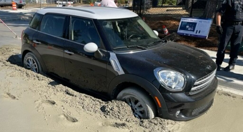  Stolen MINI Cooper Stuck In Wet Concrete Before Driver Flees The Scene With Child And Whiskey Bottle