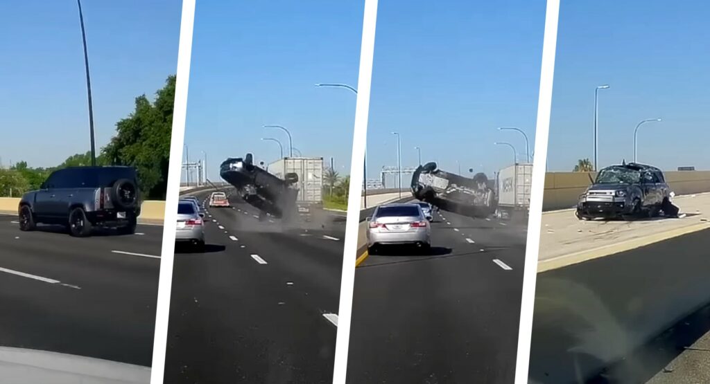  Land Rover Defender Crashes With Mazda And Violently Rolls Over On The Highway
