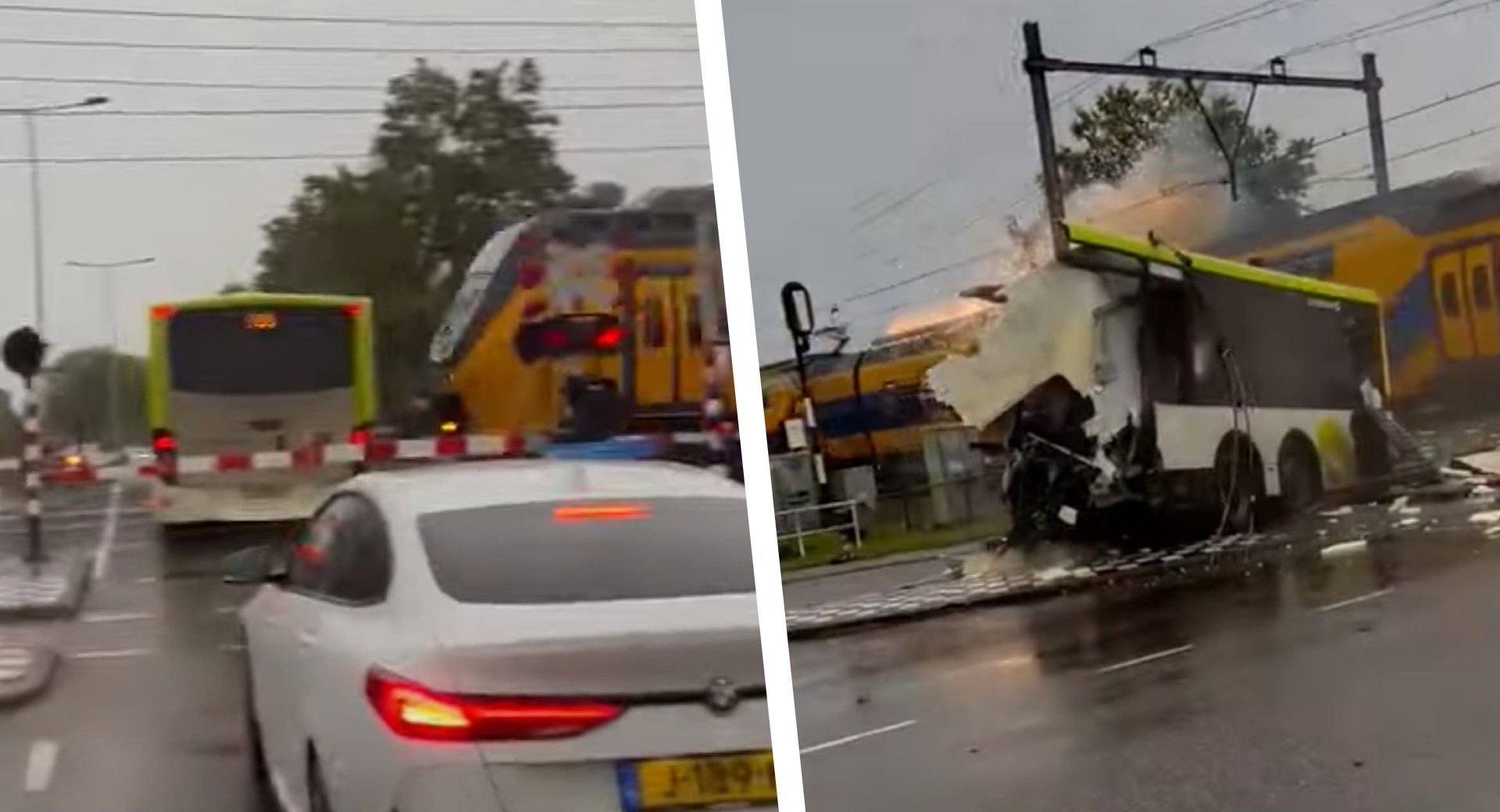 Bekijk het gruwelijke moment waarop een trein in Nederland crasht op een gestrande bus