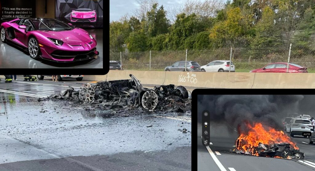  Two Lamborghinis Collide And One Rare Aventador SVJ Roadster Goes Up In Smoke