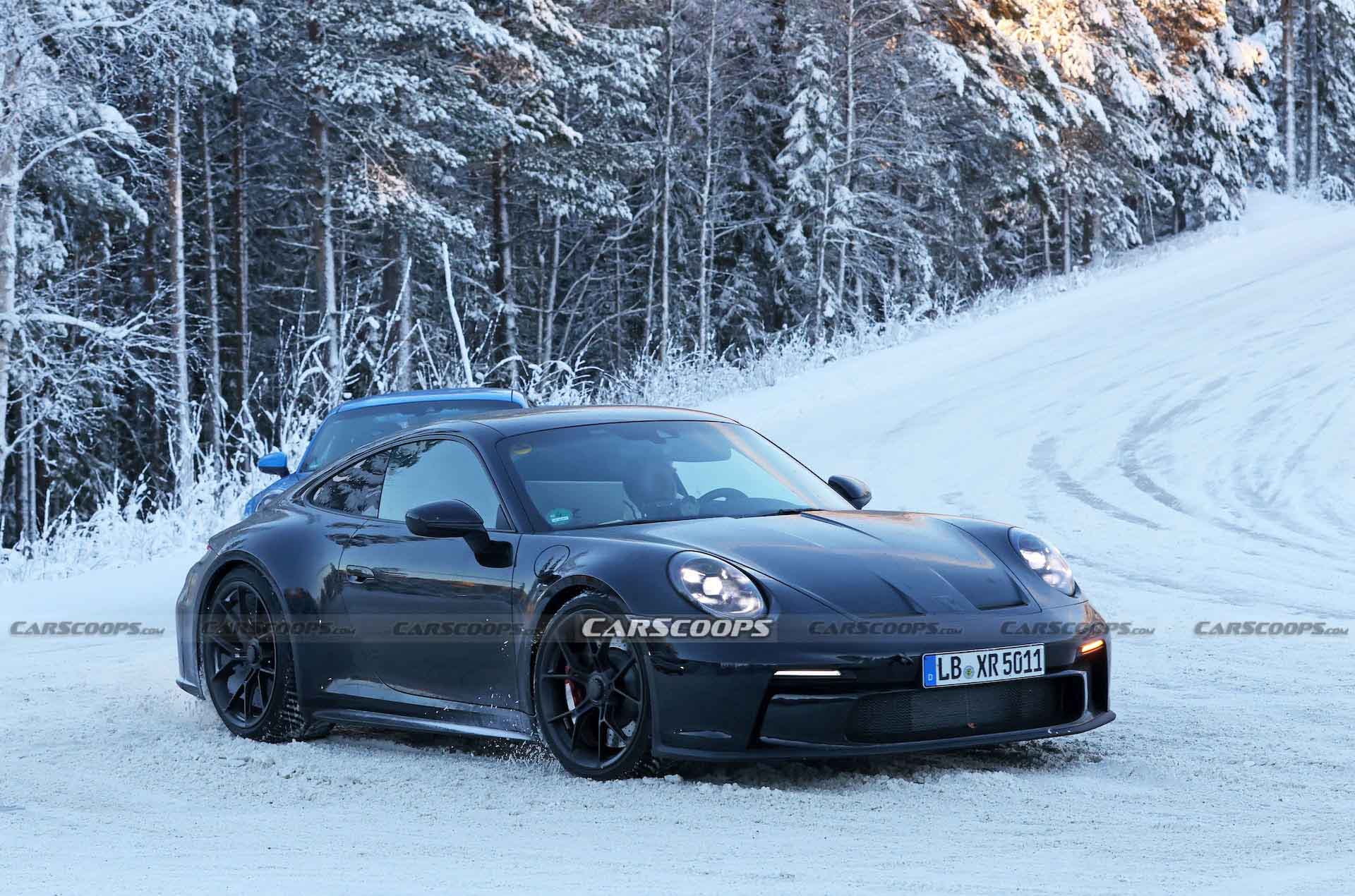 Facelifted 2024 Porsche 911 GT3, Touring And New ST Spotted Holding Their Own Winter Sports Festival