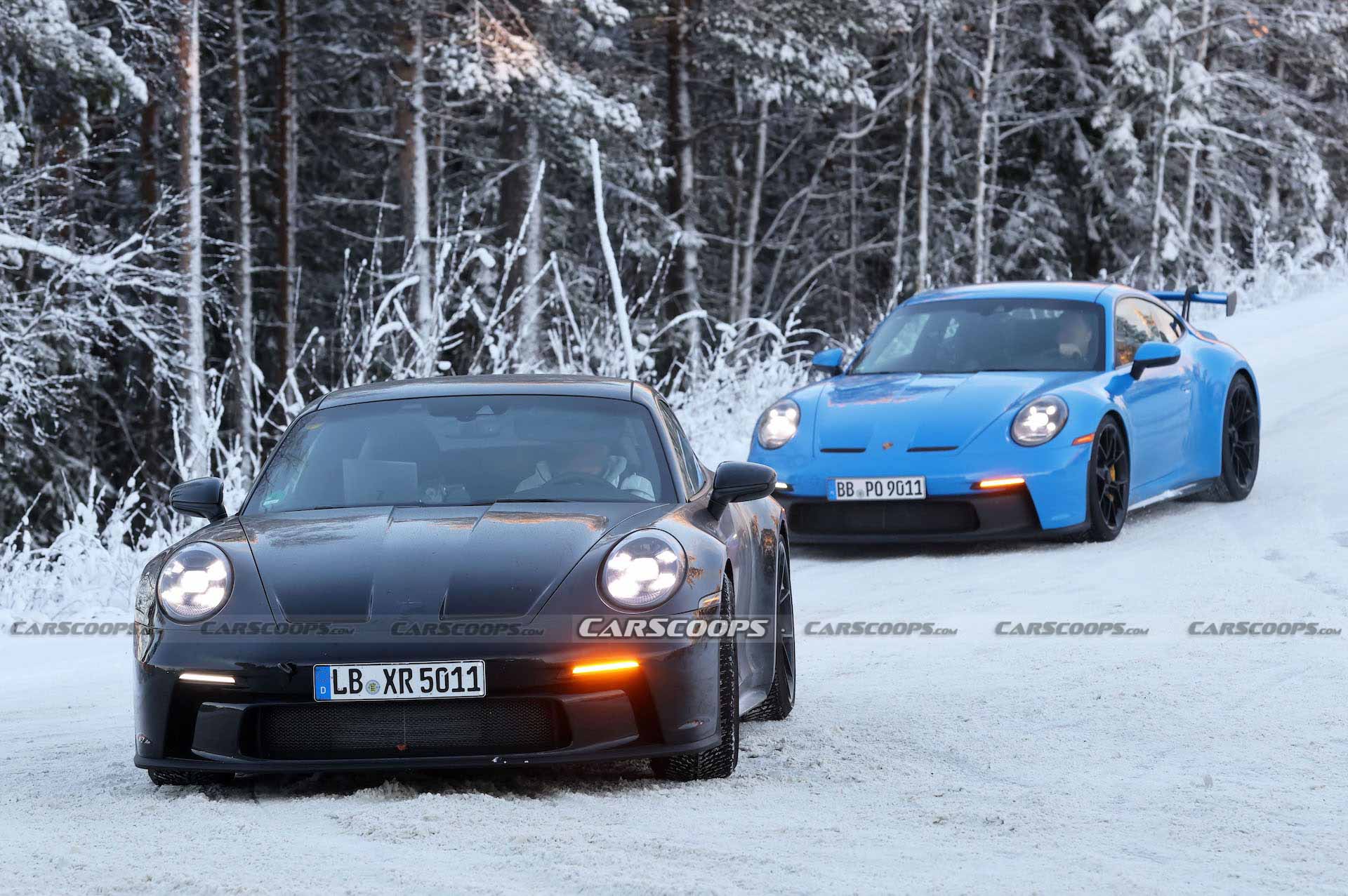 Facelifted 2024 Porsche 911 GT3, Touring And New ST Spotted Holding Their Own Winter Sports Festival