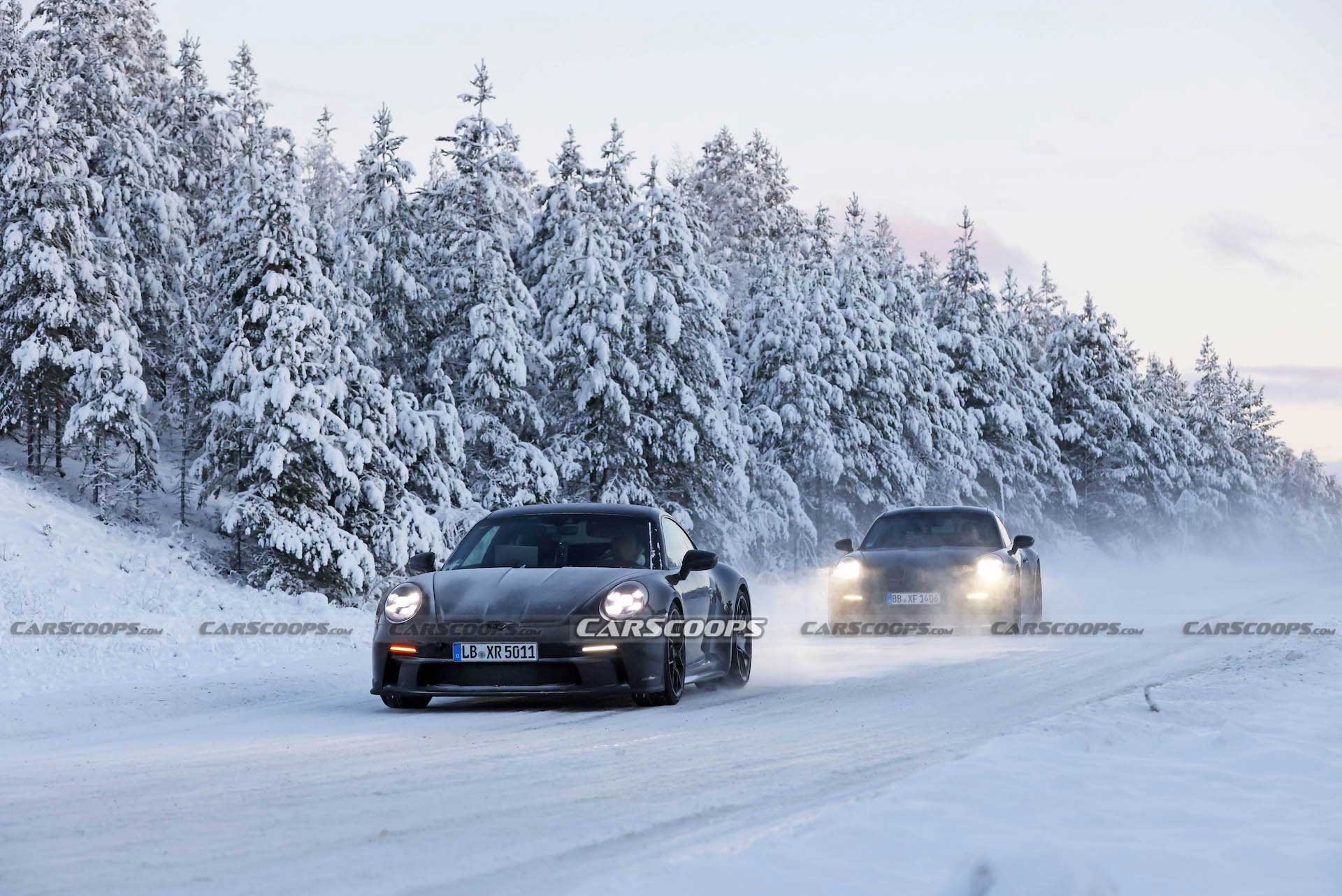 Facelifted 2024 Porsche 911 GT3, Touring And New ST Spotted Holding Their Own Winter Sports Festival