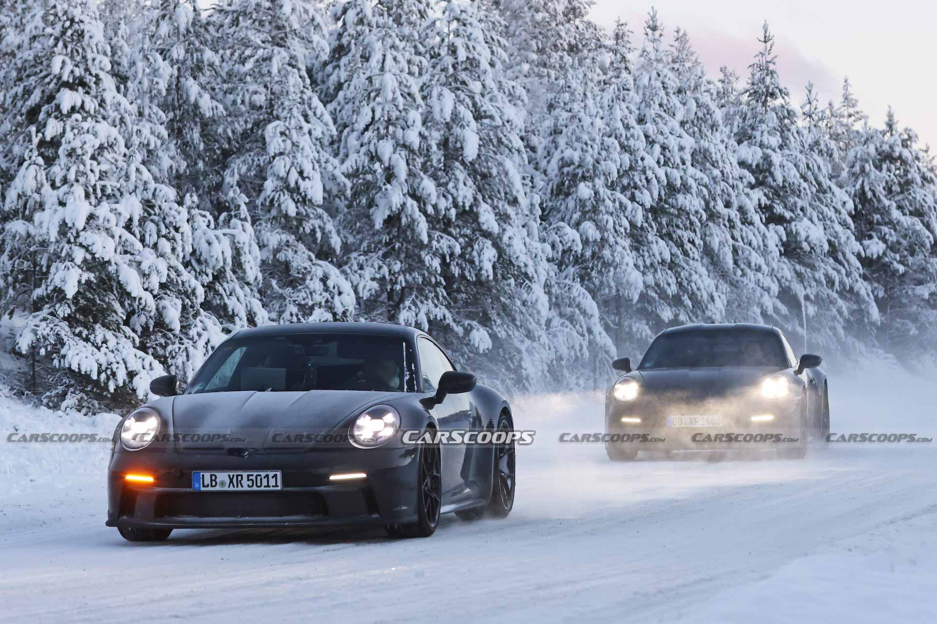 Facelifted 2024 Porsche 911 GT3, Touring And New ST Spotted Holding Their Own Winter Sports Festival