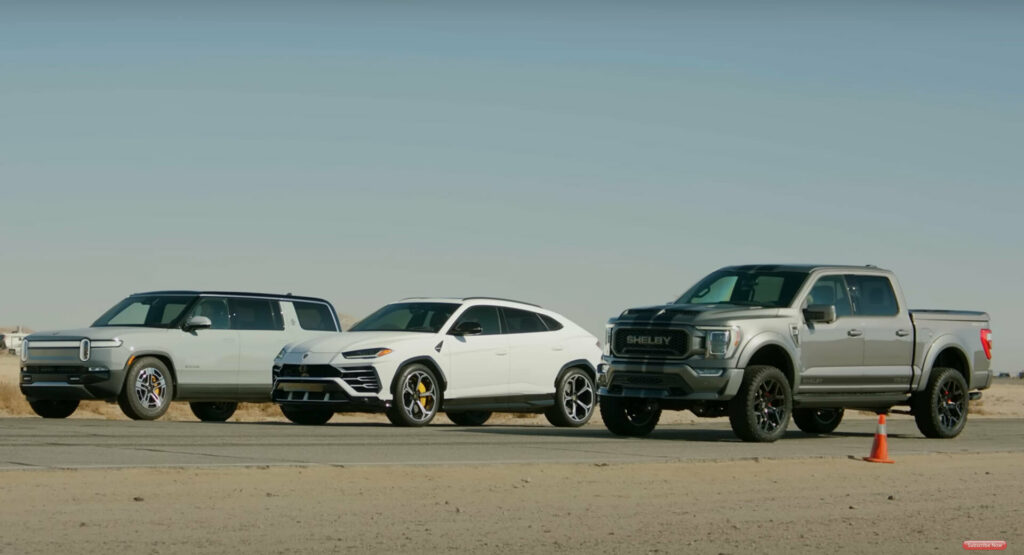  Lamborghini Urus And Rivian R1S Battle It Out In Drag Race, Shelby F-150 Super Snake Joins The Fight