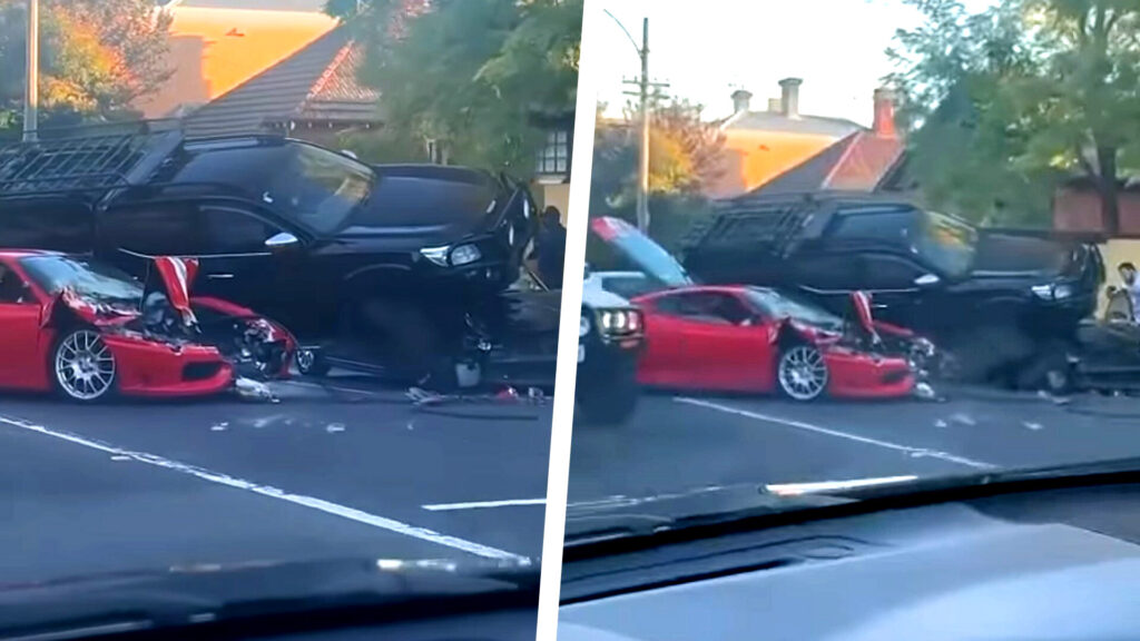  Ferrari 360 Challenge Stradale Crashes Into A Nissan Pickup Sending It Over A Subaru