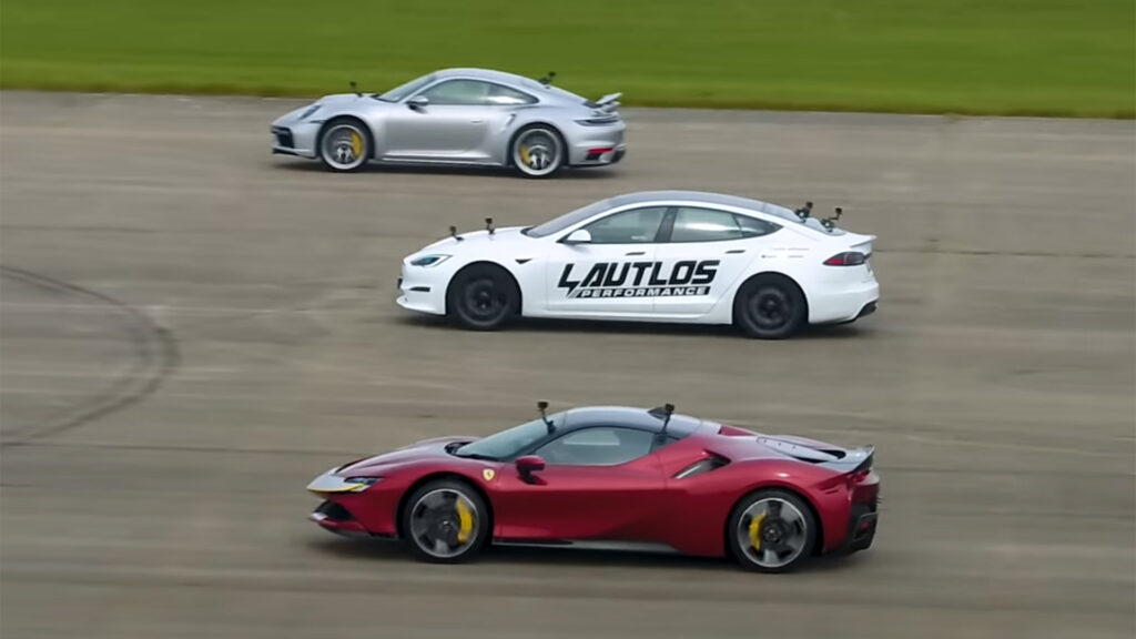  Tesla Model S Plaid Drag Races Ferrari SF90 And Porsche 911 Turbo S