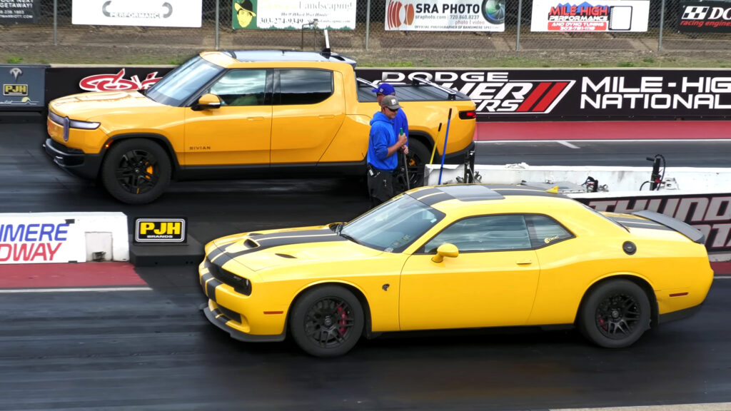  Can A Rivian R1T Beat A Dodge Challenger Hellcat At The Drag Strip?