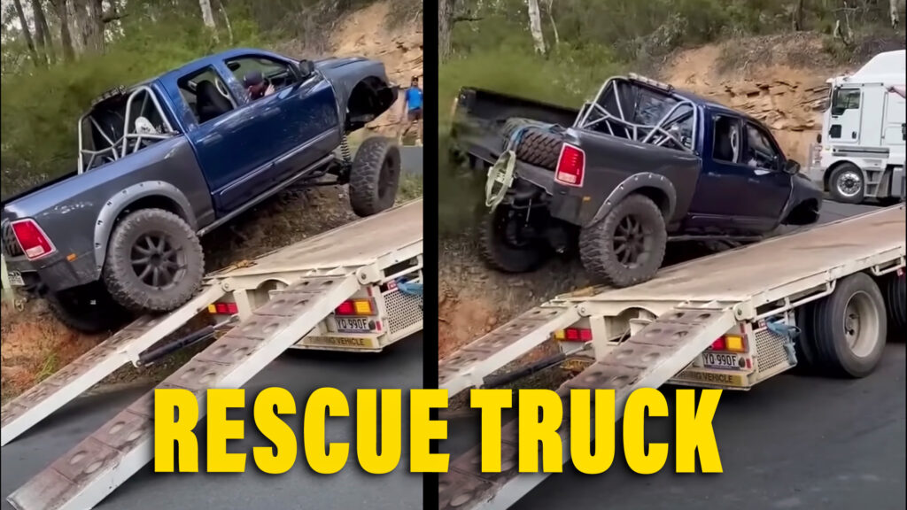  Watch Lifted Ram Truck Rescue A Stricken Semi By Crawling Over It Then Tow It Away