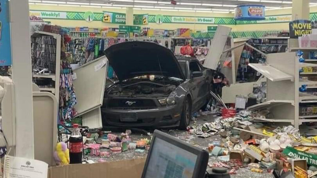  Ford Mustang Driver Smashes Into Dollar Tree Store, Claims Pedal Got Stuck While Parking