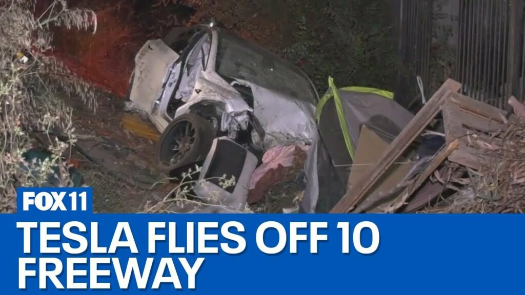  Tesla Soars Off Of Freeway And Into Homeless Camp In LA