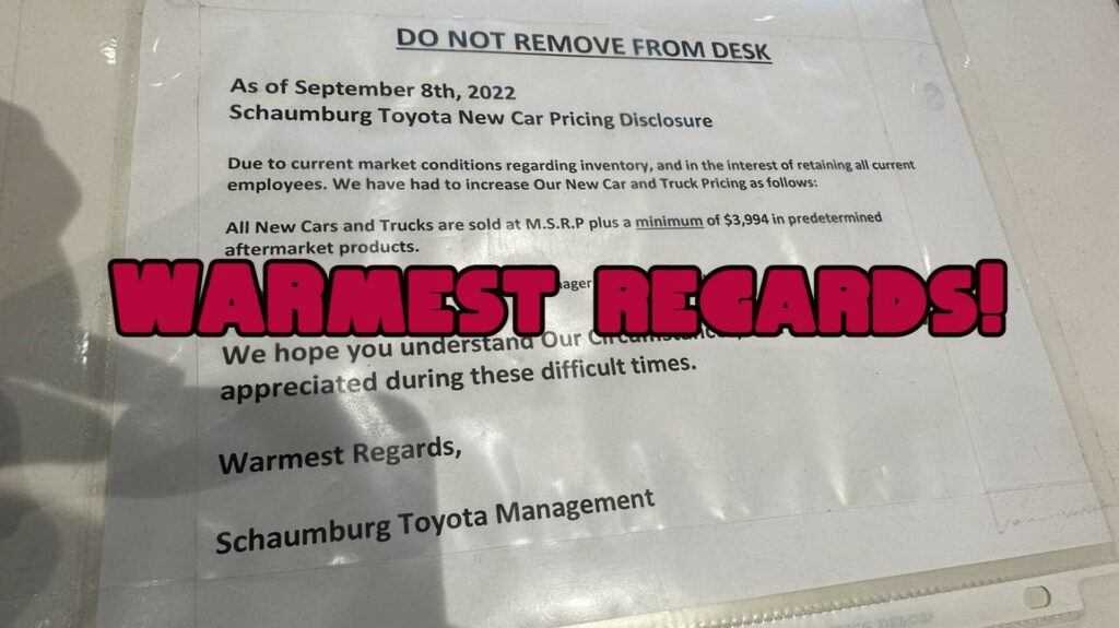  Toyota Dealer Claims That It Must Charge At Least $3,994 In Add-Ons Due To “Market Conditions”