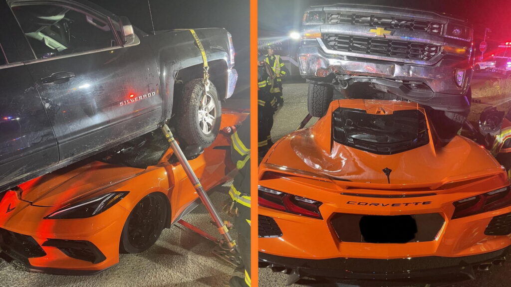  Chevy Pickup Runs Over And Crushes Corvette C8 Trapping Driver Inside