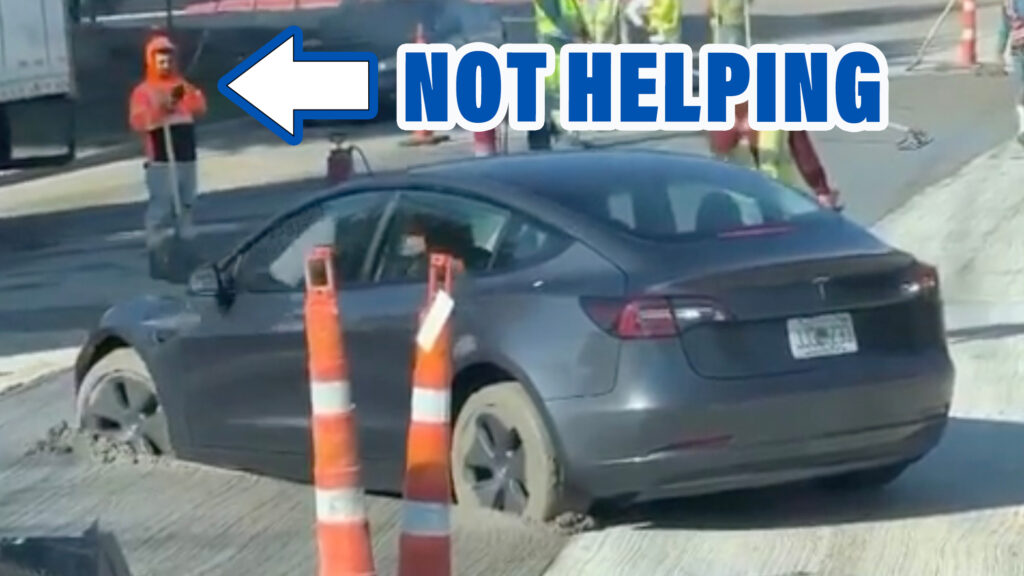  Roadworker Filming Only Cements This Stuck Tesla Driver’s Problems