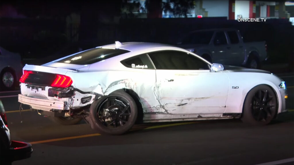  Cops In Charger Pursue Two Ford Mustangs Street Racing In California, One Crashes