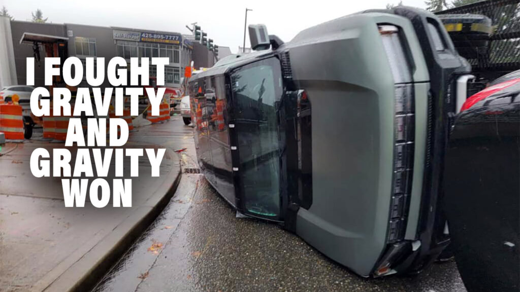  Ouch! Transporter Flips Over Knocking Down GMC Hummer EV And Mercedes