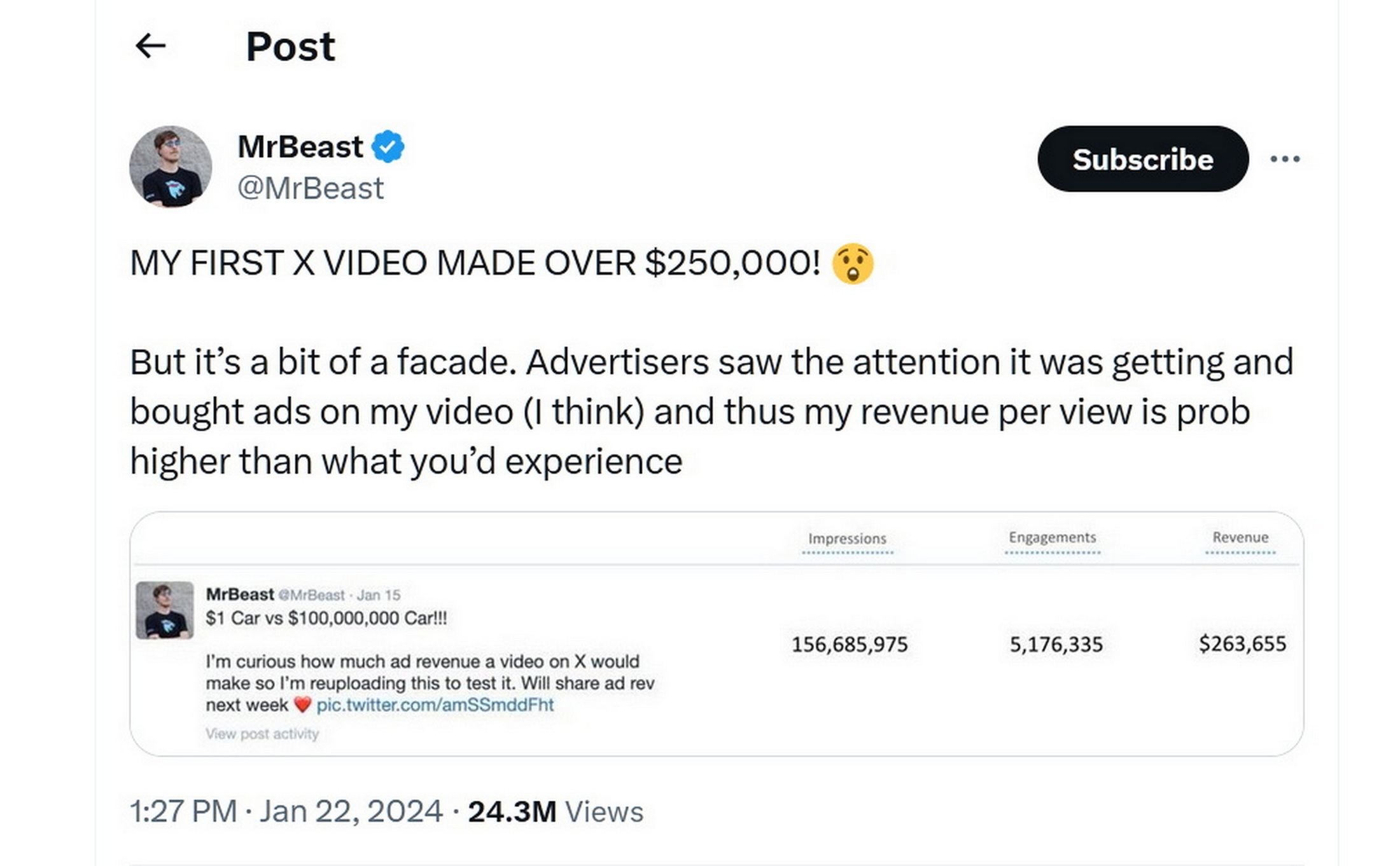 Mr. Beast posts video to X, receives thousands