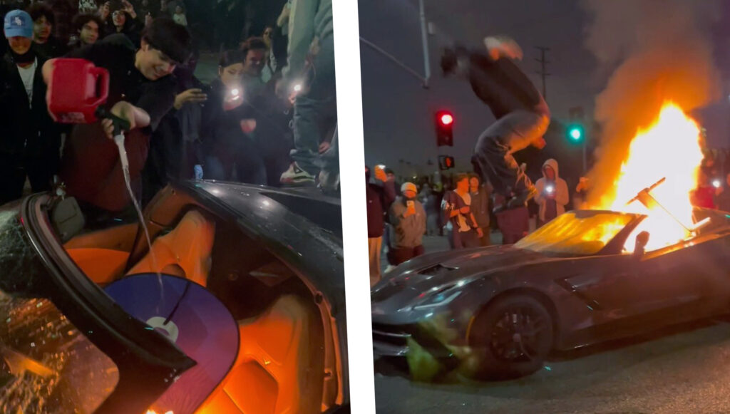  LA Street Takeover Attendees Throw Gas And Burn Corvette