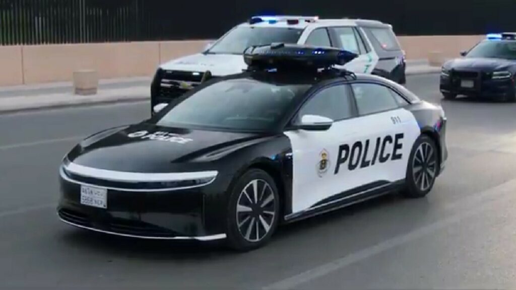  Lucid Air Police Car Revealed In Saudi Arabia With A Drone Carrier On Its Roof