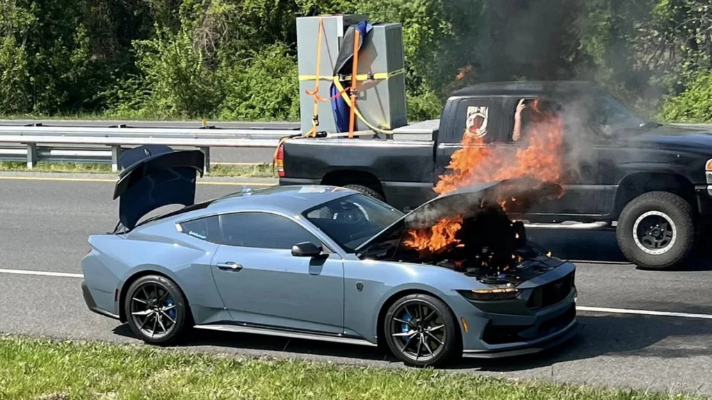  2024 Dark Horse Mustang Engulfed In Flames After Stuck Clutch