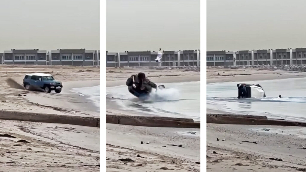     راننده تویوتا FJ کروزر در تصادف واژگونی ساحل وحشی در کویت بیرون رانده شد