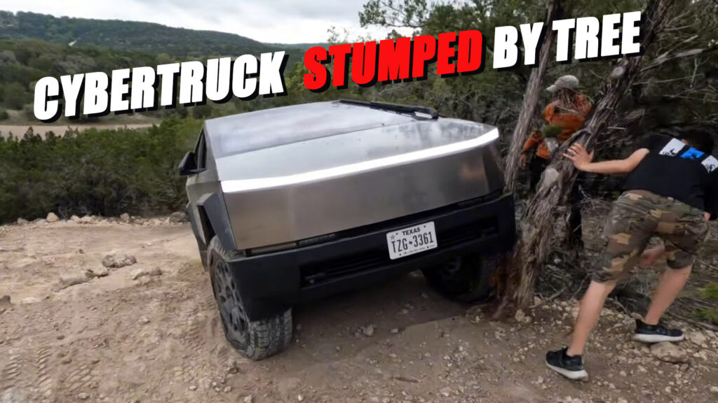  Tesla Cybertruck Goes Off-Road Gets Stuck On Tree And Ruins The Fun