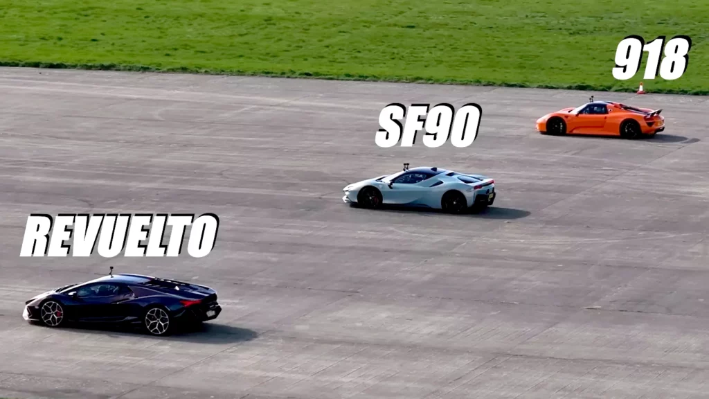     Hybrid Supercar Drag Race: Lamborghini Revuelto vs. Ferrari SF90 vs. Porsche 918