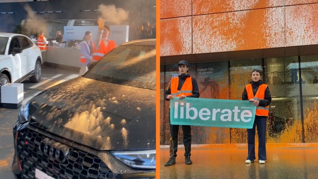  Swiss Climate Protestors Cover Audis In Orange Dust, Paint Porsche Dealer Wall Orange