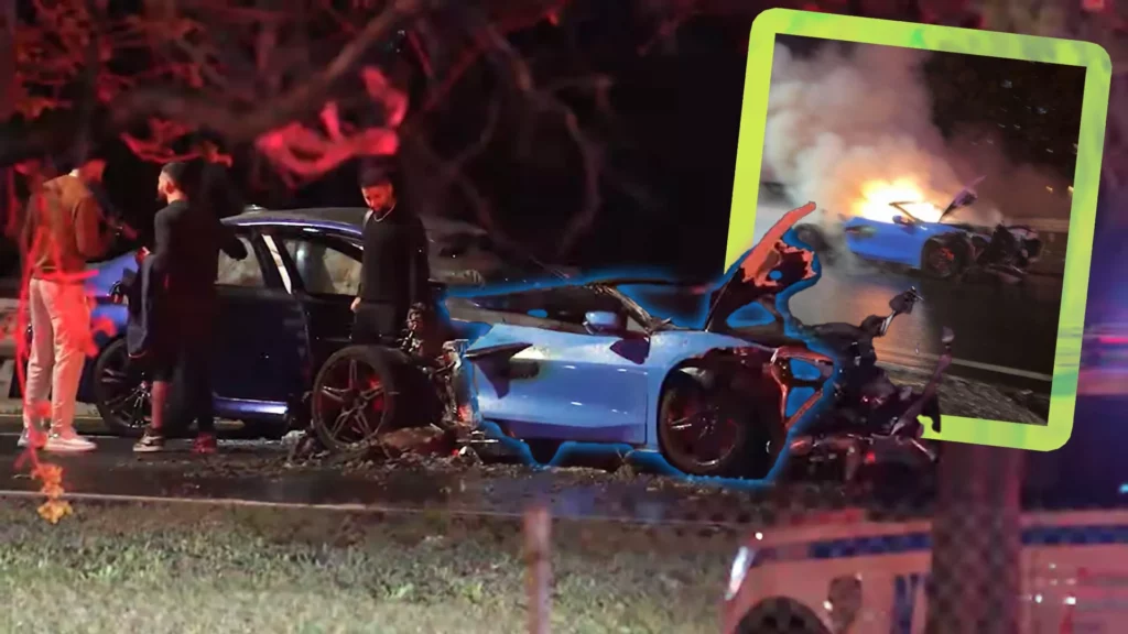  Corvette C8 And BMW M5 Crash And Catch Fire, Off-Duty Hero Saves Driver
