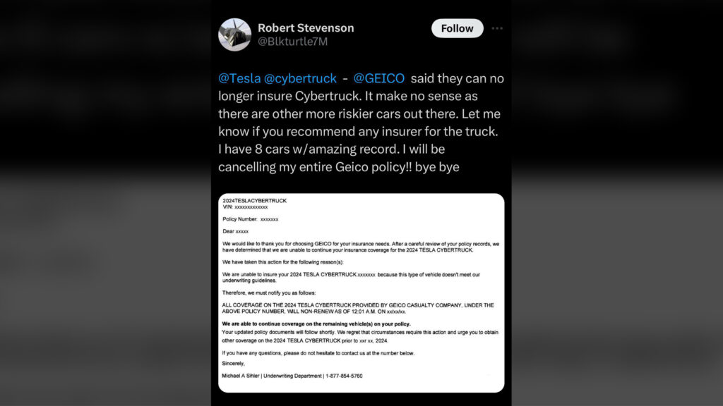  Geico Says It&rsquo;s Still Covering Tesla Cybertruck Despite Viral Claim