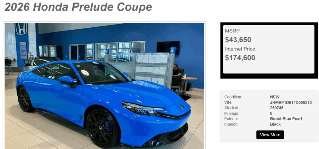 Dealer Who Listed $174,600 Prelude Says Don’t Be Silly, It’s Only $15K Over MSRP