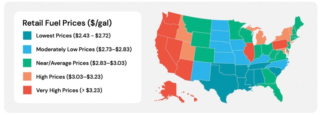 Карта прогнозованих цін на бензин по штатах на 2026 рік