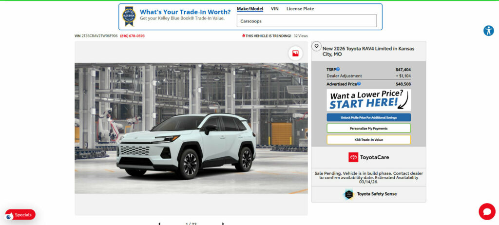 Скріншот цін на Toyota RAV4 з націнками